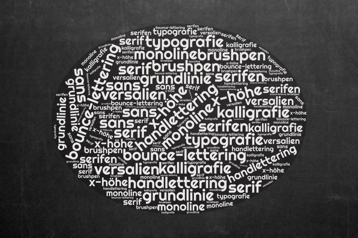 Wortwolke mit den wichtigsten Begriffe rund ums Lettering. Schwarz mit weisser Schrift.