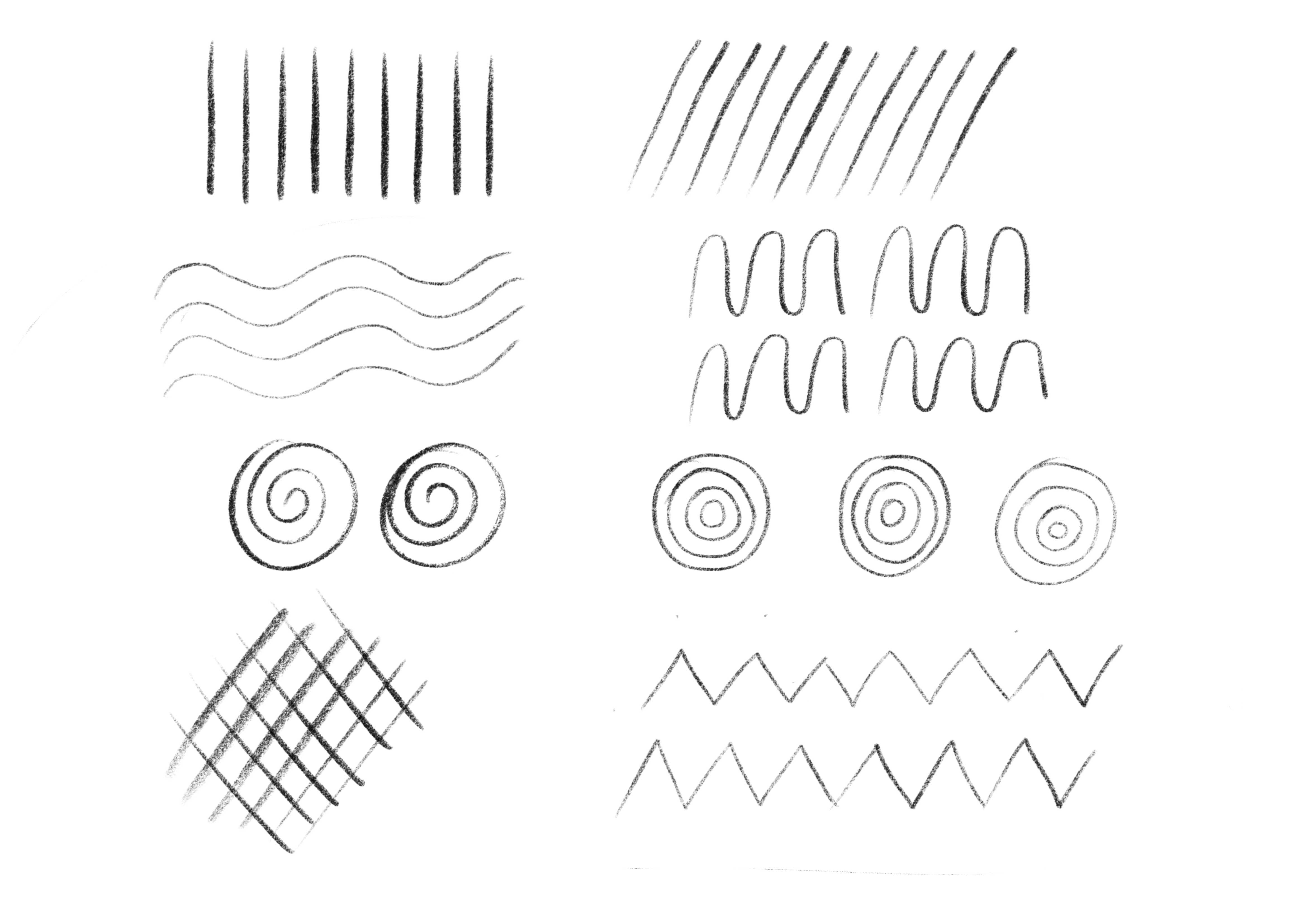 Aufwärmübung für Zeichnen und Lettern. Einfache Striche, Kreise und Wellen