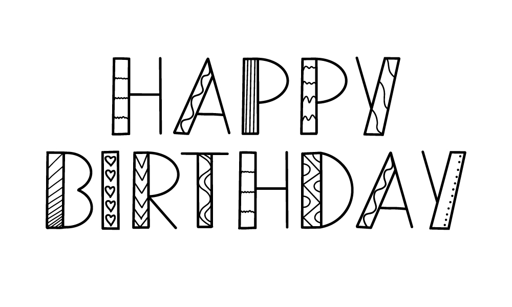 Druckbuchstaben zeichnen: Happy Birthday Schriftug mit Muster gefüllt