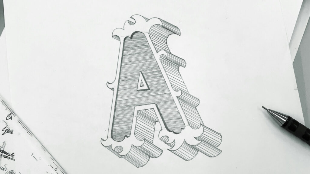 kunstvoll gezeichnetes A mit Schatten und Serifen