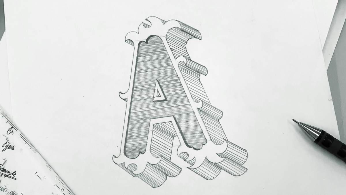 kunstvoll gezeichnetes A mit Schatten und Serifen