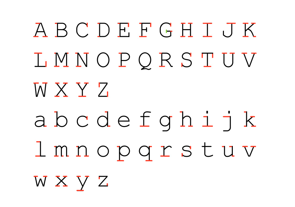 komplettes Alphabet wo die Serifen rot gekennzeichnet sind
