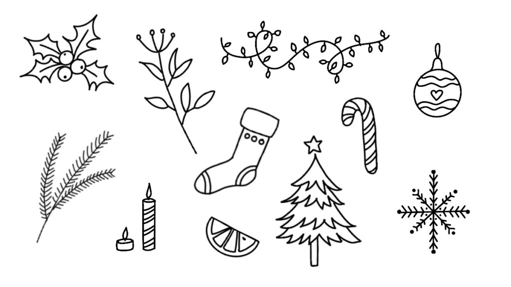 Doodle von verschiedenen Weihnachtssymbolen: Tannenbaum Lichterkette,Zuckerstange