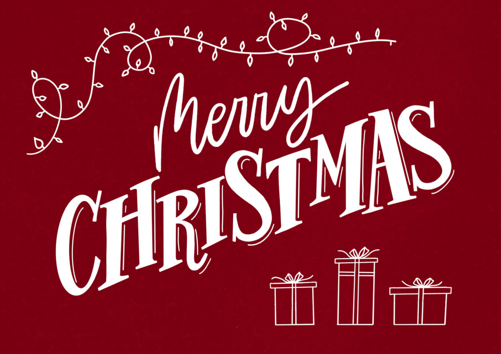 Weihnachtskarte Merry Christmas mit dunkelrotem Hintergrund