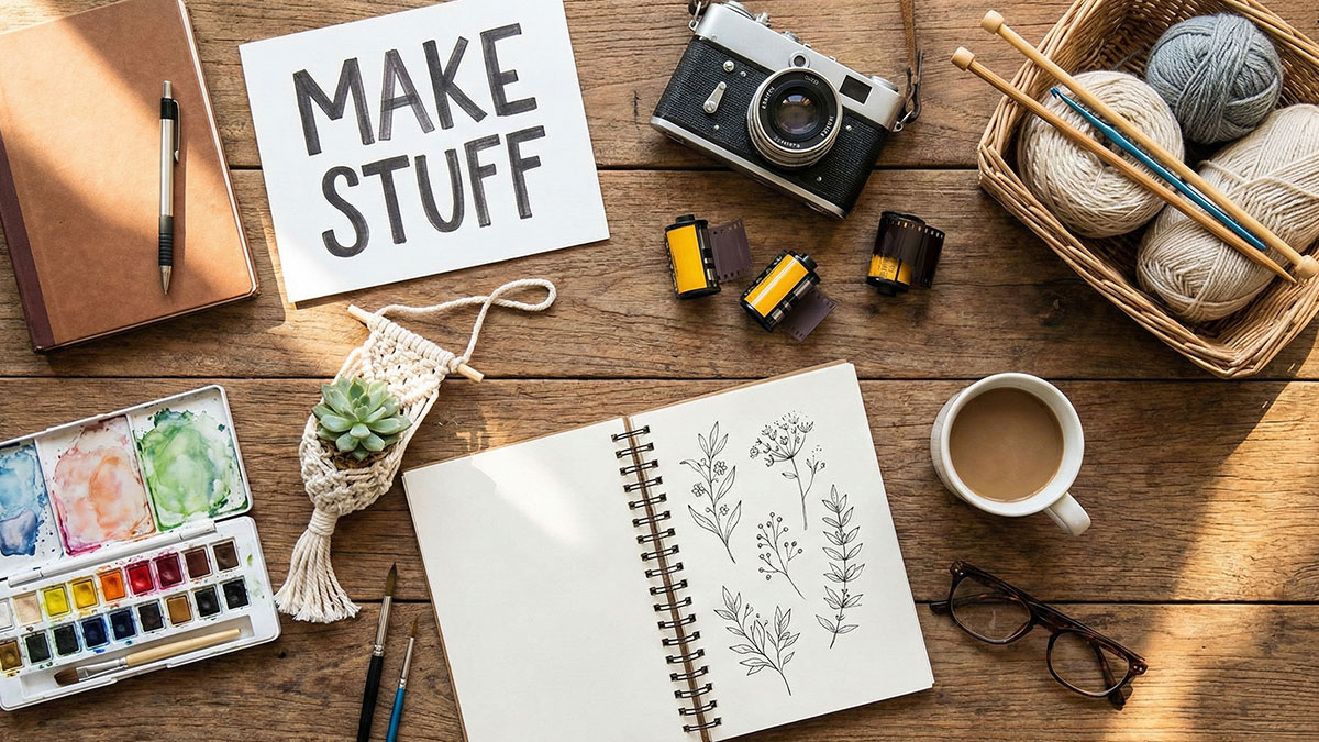 Symbolbild für kreative Hobbys: Fotografie,Handarbeiten, Schreiben, Zeichnen und Malen