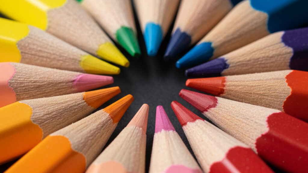 Buntstifte die im Kreis angeordnet sind.