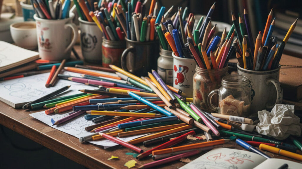 Schreibtisch mit vielen, verstreuten Stiften auf der Arbeitsplatte un din den Stifthaltern