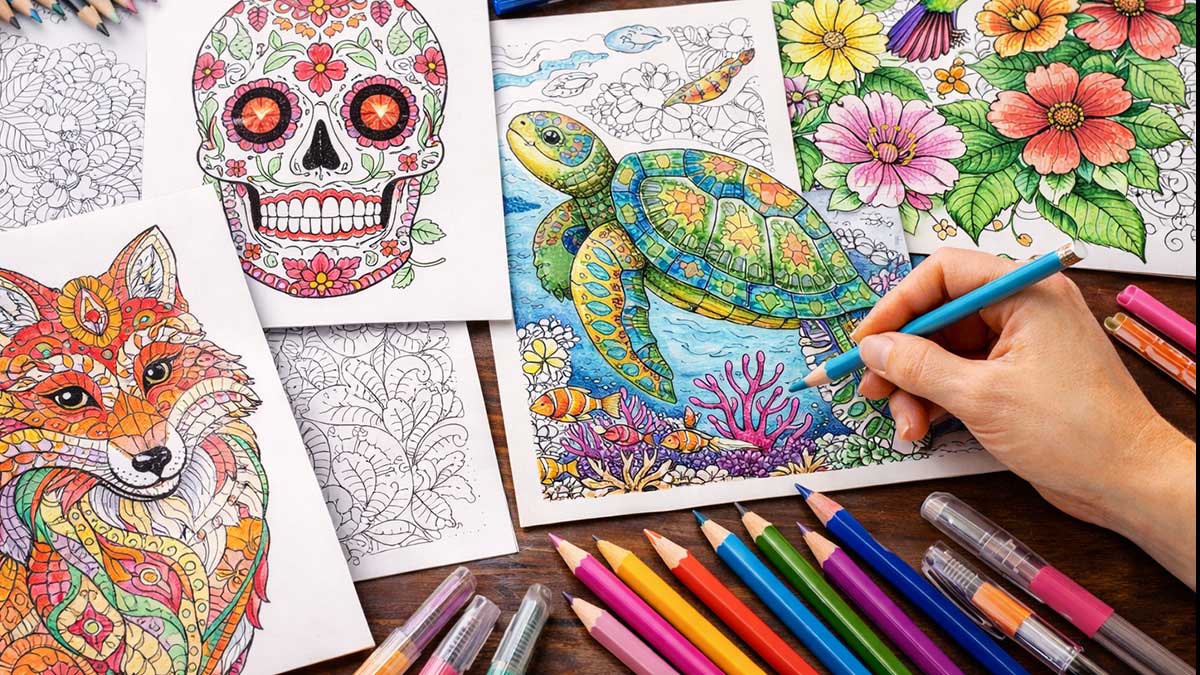 verschiedene Motive von Ausmalbücher für Erwachsene.