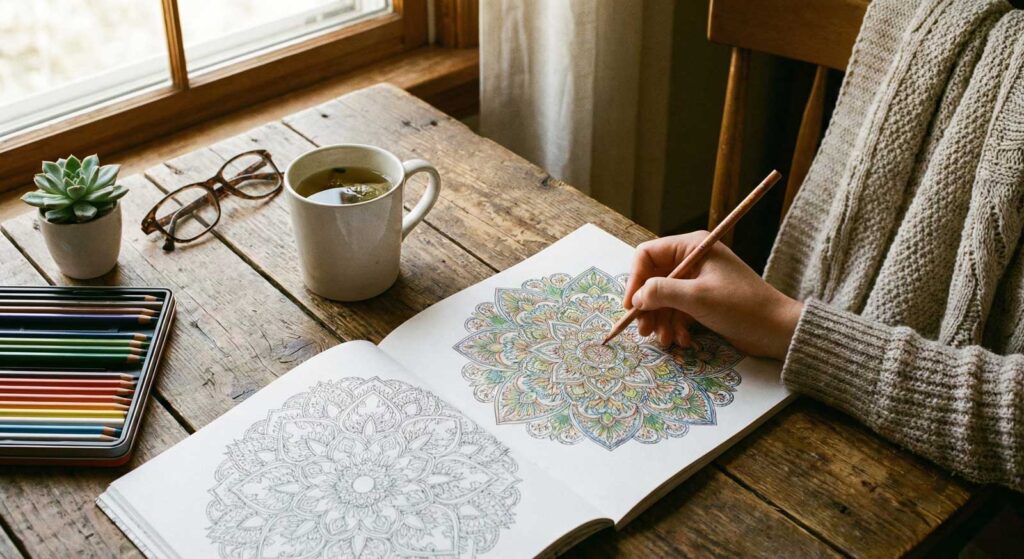 Mandala Malbuch auf einem Schreibtisch