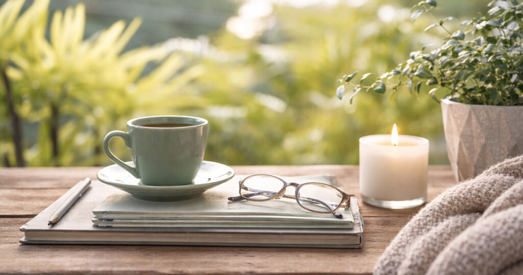 Symbolbild: Ruhe mit Tasse, Buch; Brille, Kerze und Pflanze