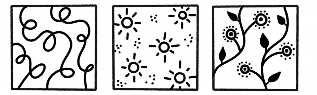 3 Zendoodle Muster: Schlaufen, abtstrakte Sonne, ablstakte Blumenranken