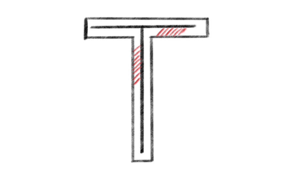 Buchstabe T mit einer gleichmäßigen Umrandung 