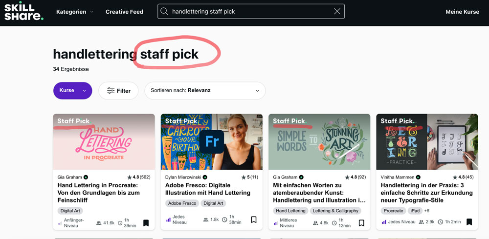 Skillshare Kurssuche Staff Pick