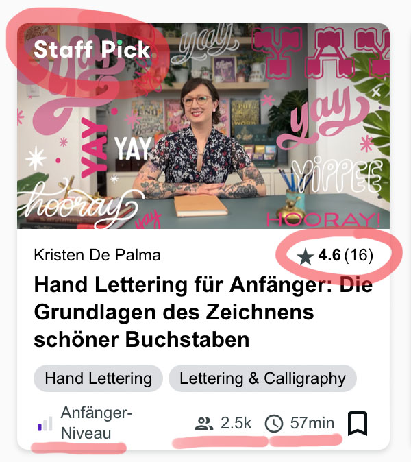 Screenshot Skillshare Kurs mit Staff Pick gekennzeichnet