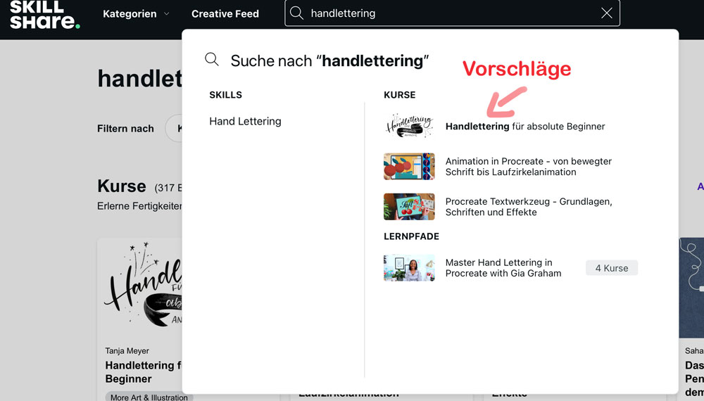 Screenshot Skillshare Kurssuche