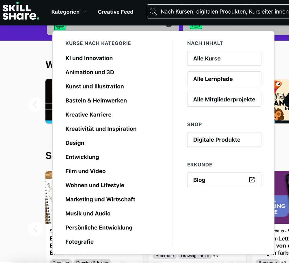 Screenshot von Skillshare Kategorien 