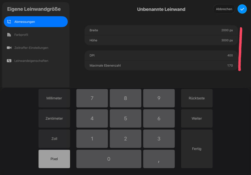 Procreate Leinwandgroesse auswaehlen