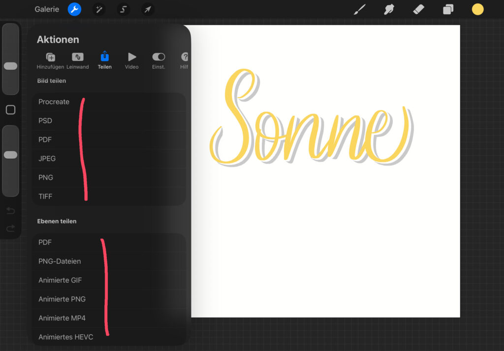 Procreate Dateiformate speichern
